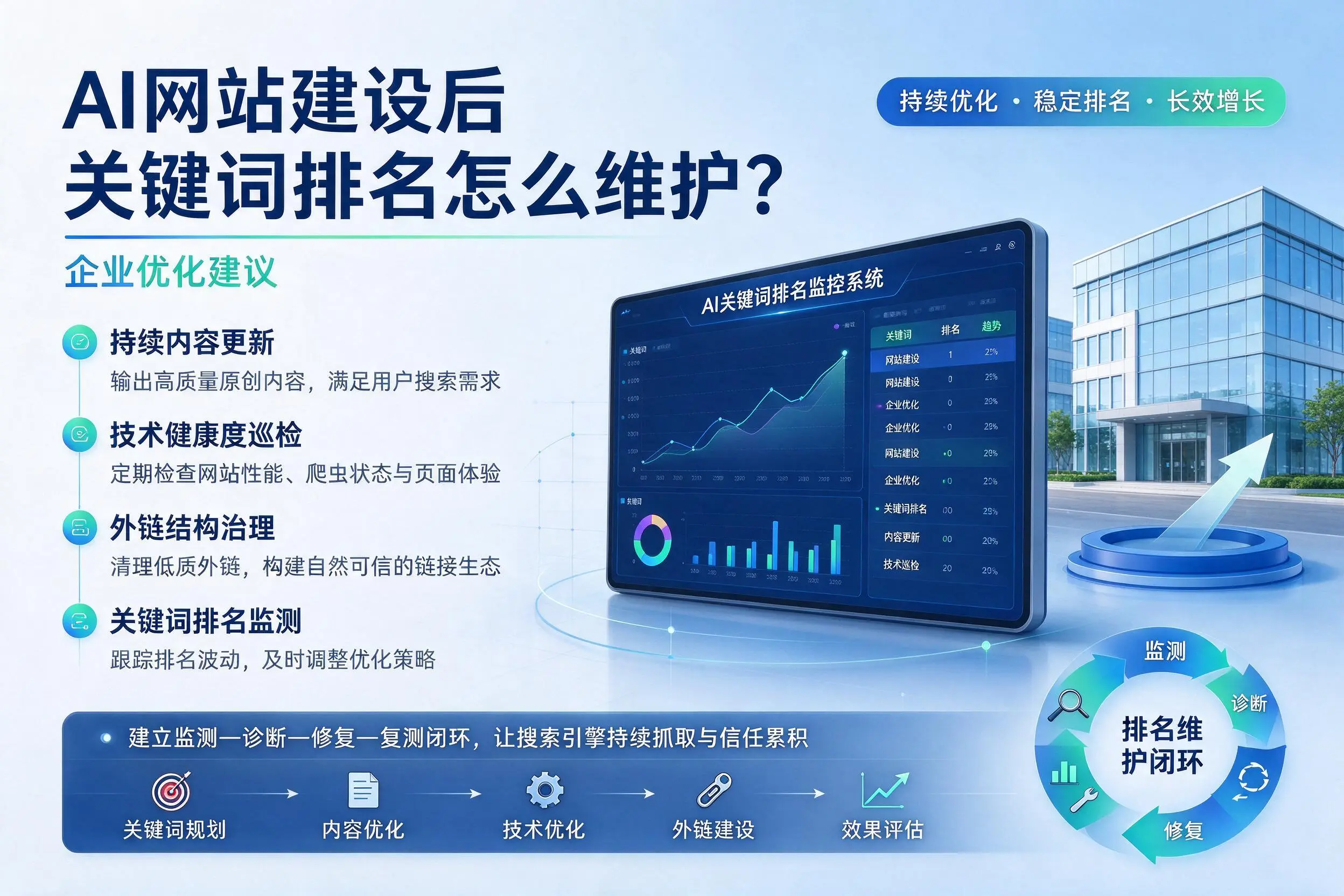 AI网站建设后关键词排名怎么维护?云浮企业优化建议
