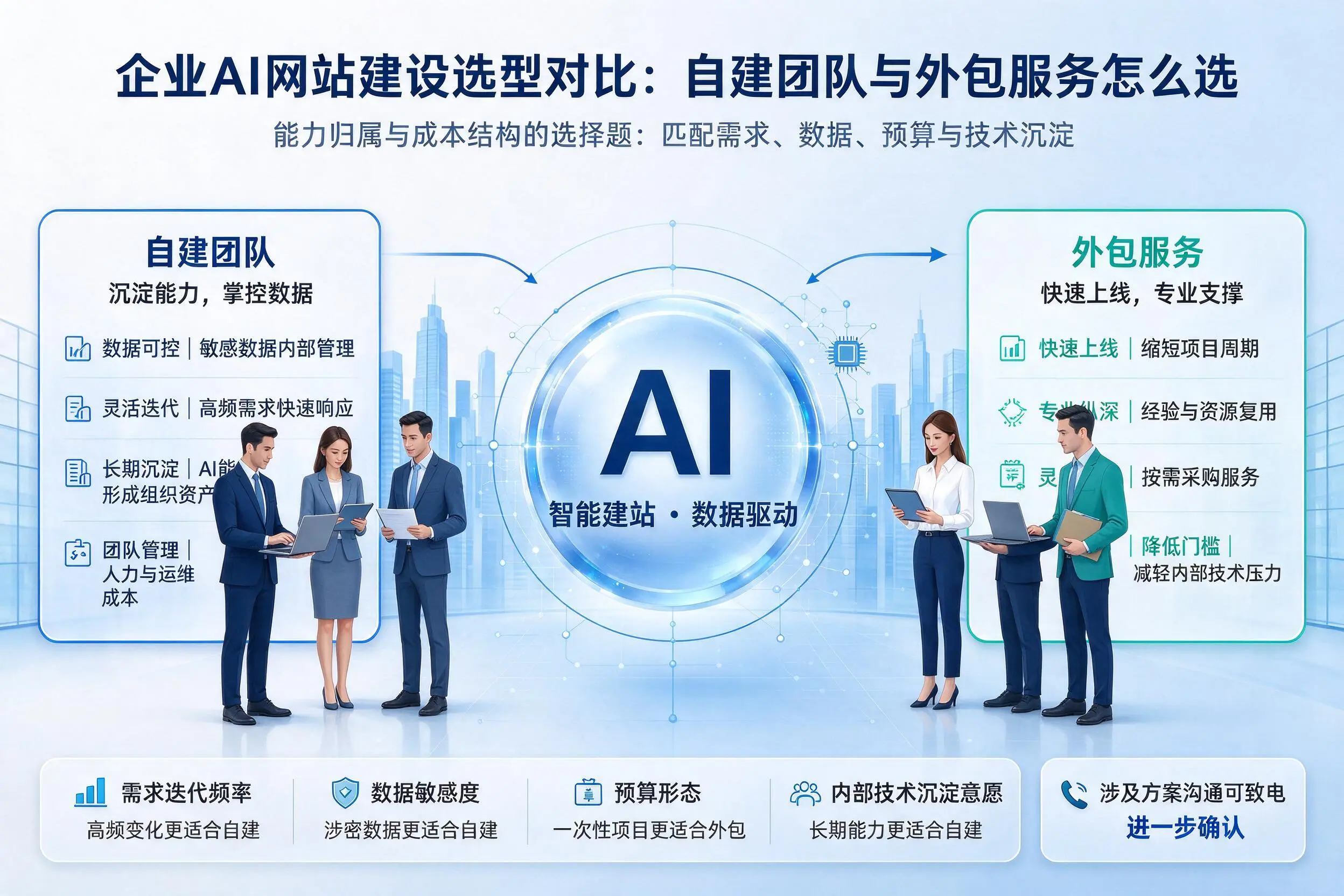 云浮企业AI网站建设选型对比:自建团队与外包服务怎么选